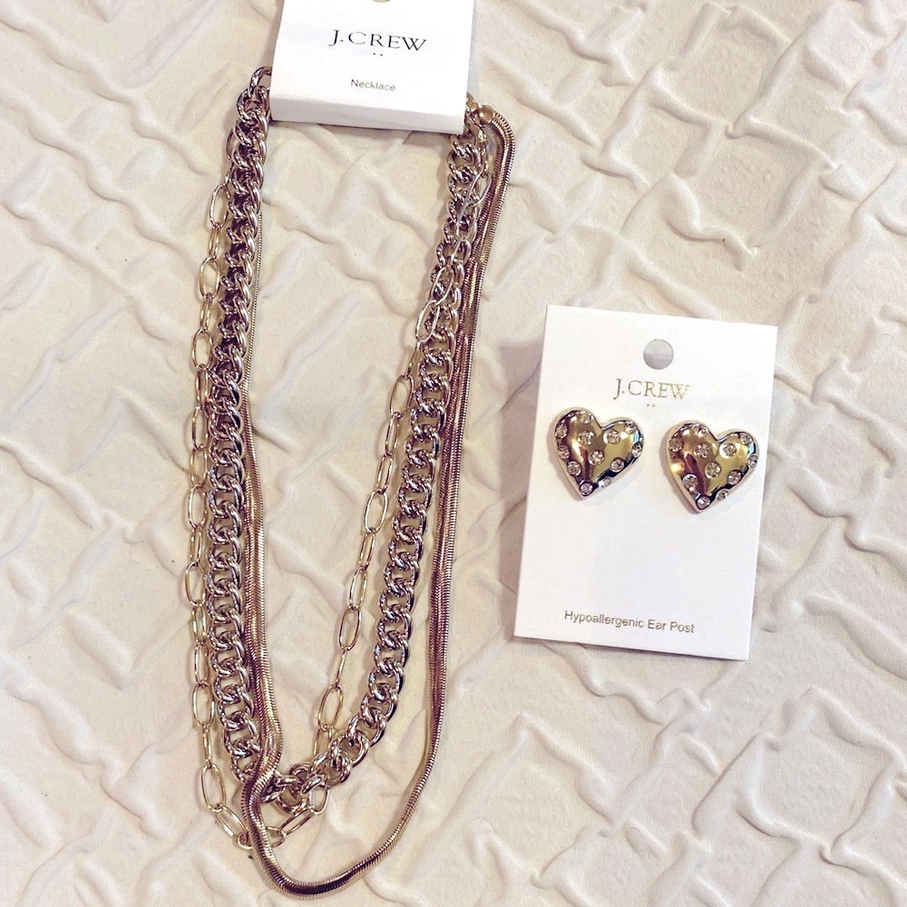 NWT J Crew Gold Triple Strand Necklace and Heart Earrings Set